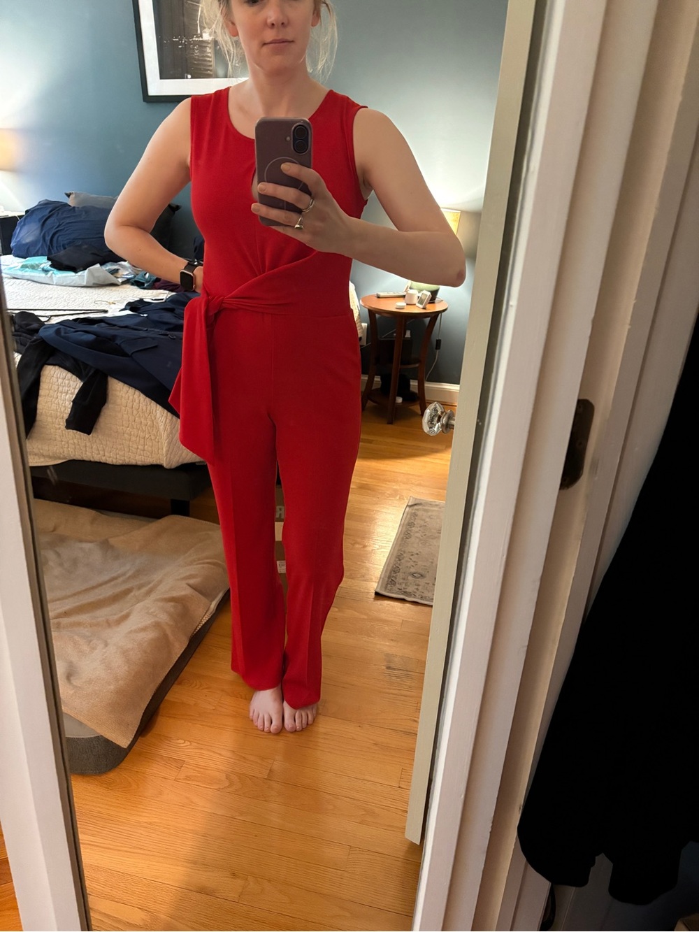 Sleeveless Red Tie-Waist Jumpsuit